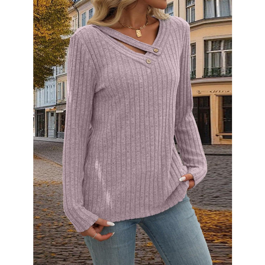 Ribbed V-Neck Long Sleeve T-Shirt Apparel and Accessories