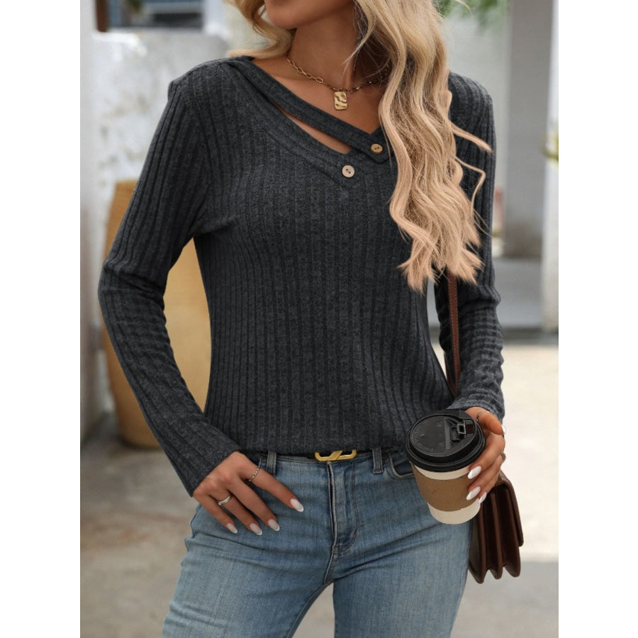 Ribbed V-Neck Long Sleeve T-Shirt Black / S Apparel and Accessories