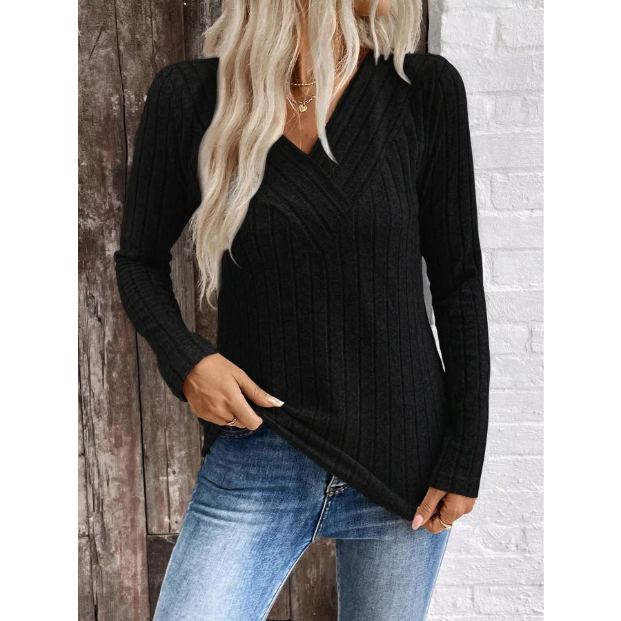 Ribbed V-Neck Long Sleeve T-Shirt Black / S Apparel and Accessories