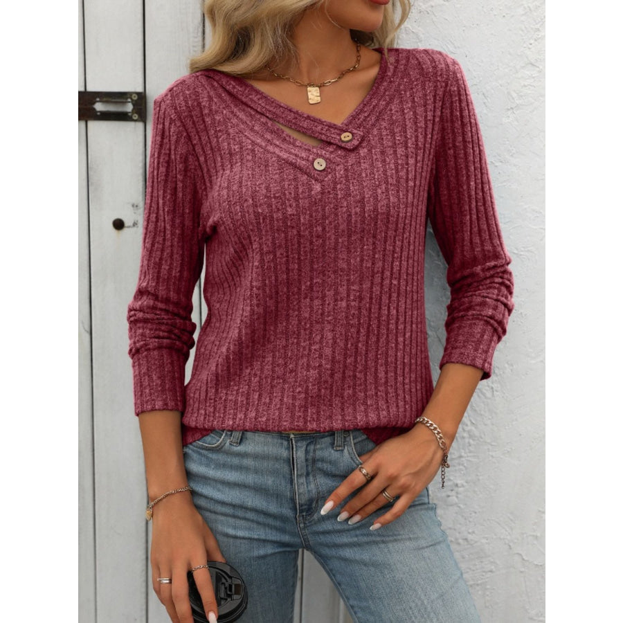 Ribbed V-Neck Long Sleeve T-Shirt Burgundy / S Apparel and Accessories