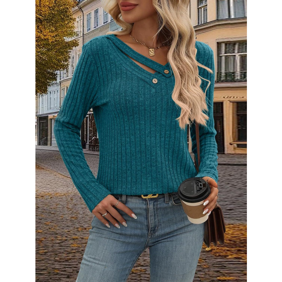 Ribbed V-Neck Long Sleeve T-Shirt Deep Teal / M Apparel and Accessories