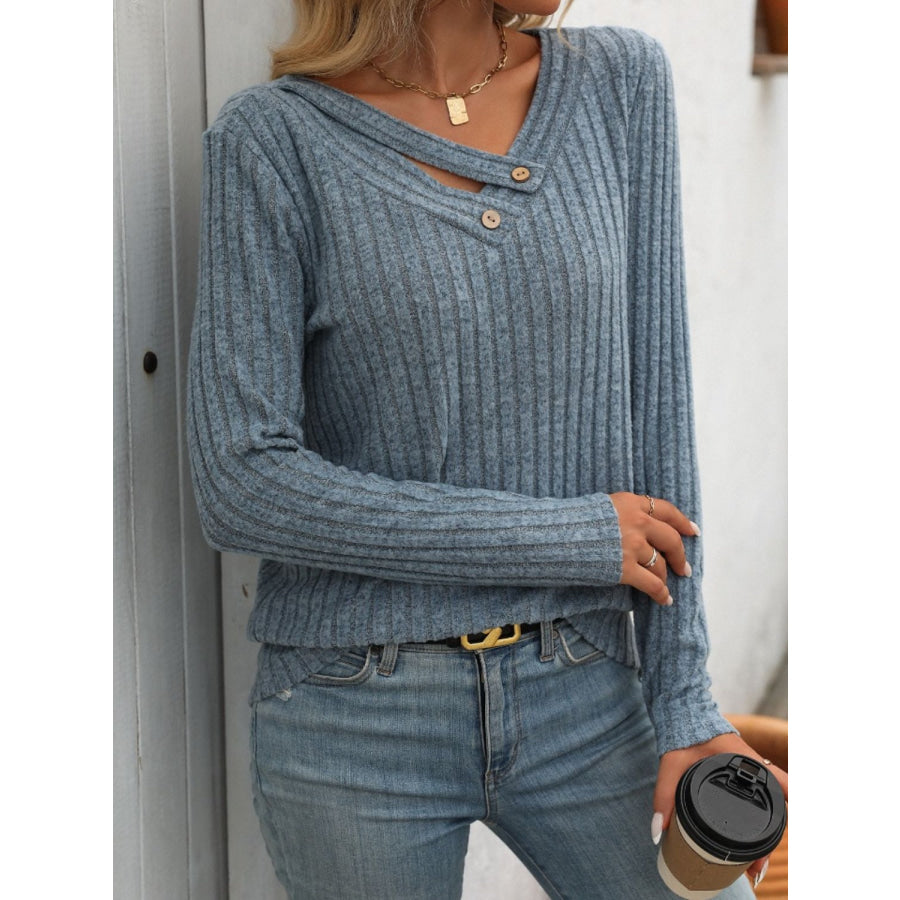 Ribbed V-Neck Long Sleeve T-Shirt Dusty Blue / S Apparel and Accessories
