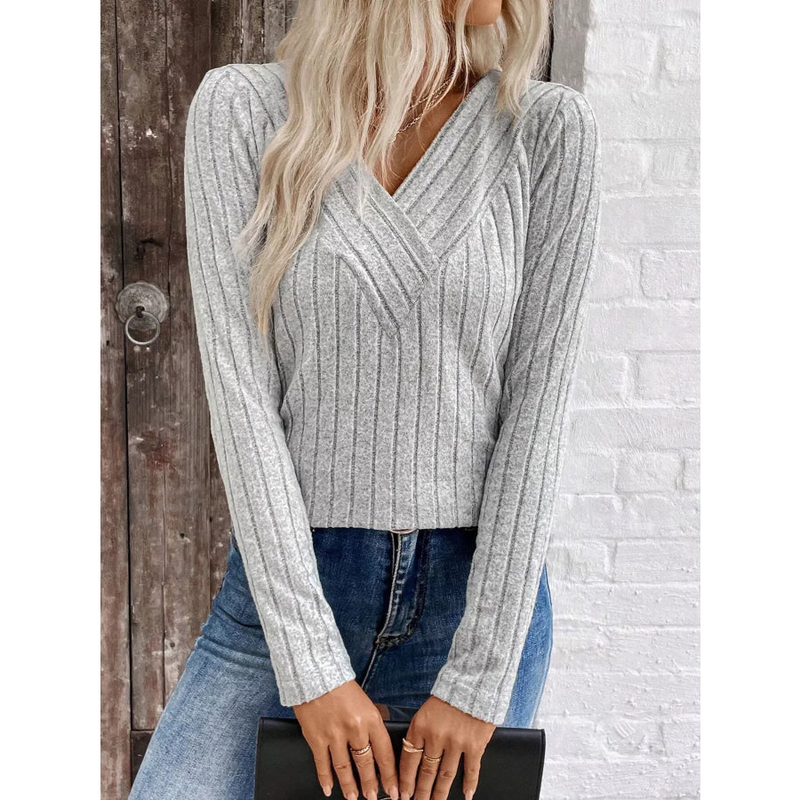 Ribbed V-Neck Long Sleeve T-Shirt Grey / S Apparel and Accessories