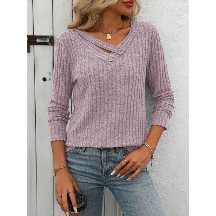 Ribbed V-Neck Long Sleeve T-Shirt Moonlit Mauve / S Apparel and Accessories