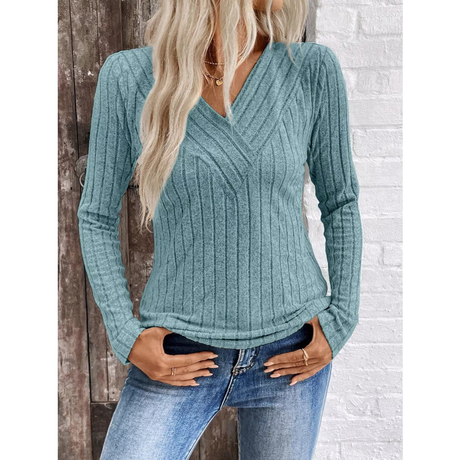Ribbed V-Neck Long Sleeve T-Shirt Peacock Blue / S Apparel and Accessories