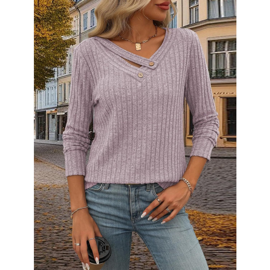 Ribbed V-Neck Long Sleeve T-Shirt Pink Purple / M Apparel and Accessories