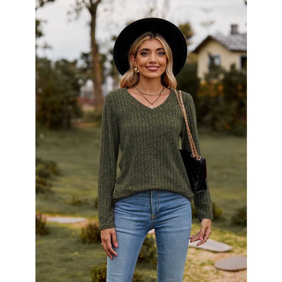 Ribbed V-Neck Long Sleeve Tee Army Green / S