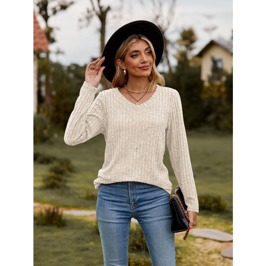 Ribbed V-Neck Long Sleeve Tee Cream / S