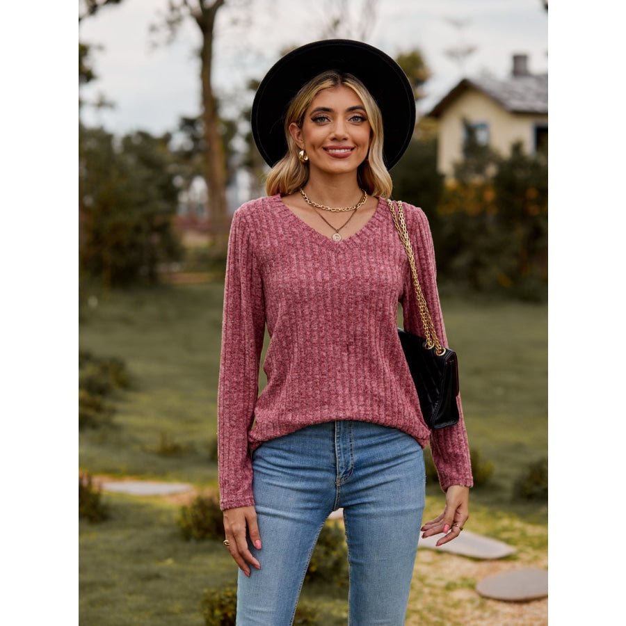 Ribbed V-Neck Long Sleeve Tee Deep Rose / S