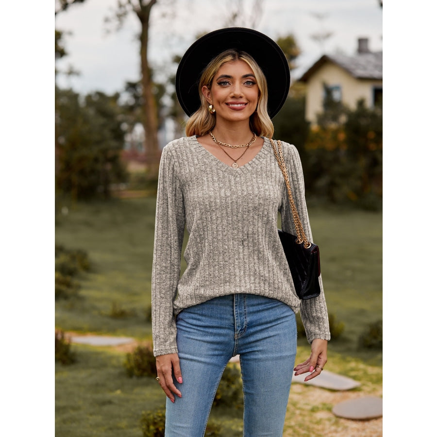 Ribbed V-Neck Long Sleeve Tee Dust Storm / S