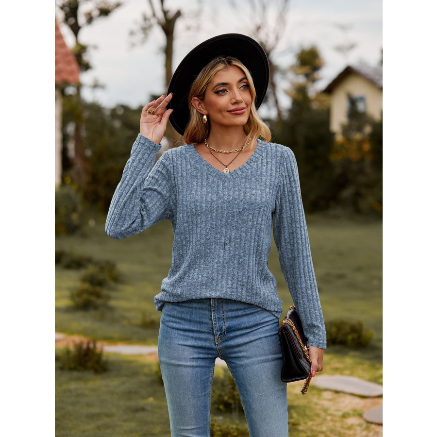 Ribbed V-Neck Long Sleeve Tee Dusty Blue / S