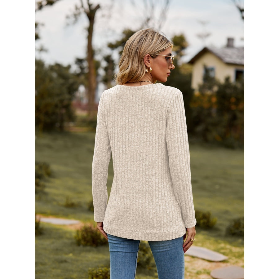 Ribbed V-Neck Long Sleeve Tee Cream / S