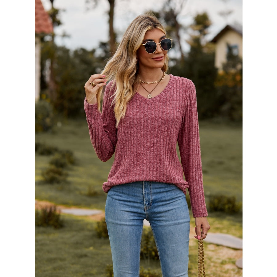 Ribbed V-Neck Long Sleeve Tee