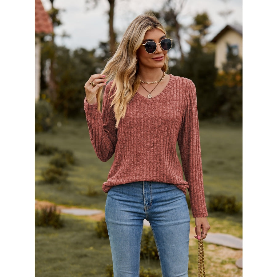 Ribbed V-Neck Long Sleeve Tee