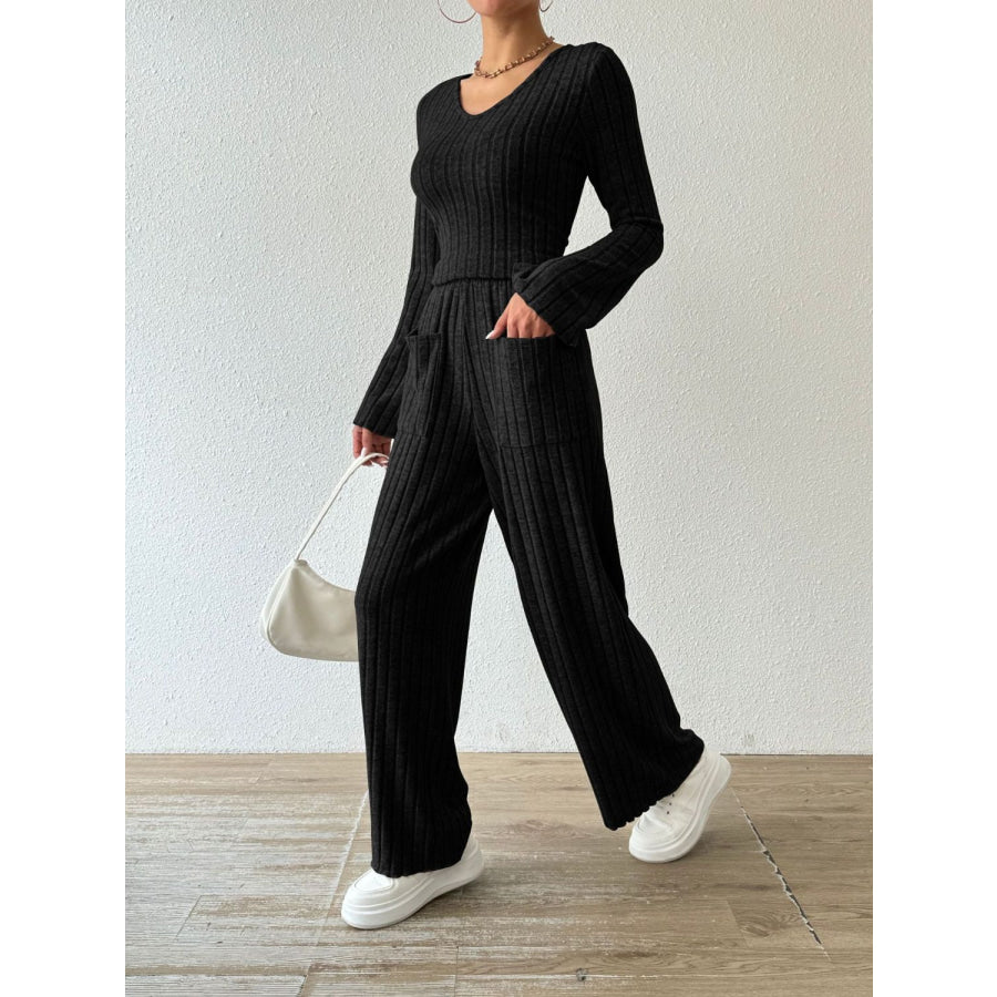 Ribbed V-Neck Long Sleeve Top and Pocketed Pants Set Apparel and Accessories