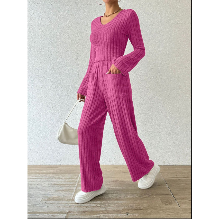 Ribbed V-Neck Long Sleeve Top and Pocketed Pants Set Apparel and Accessories