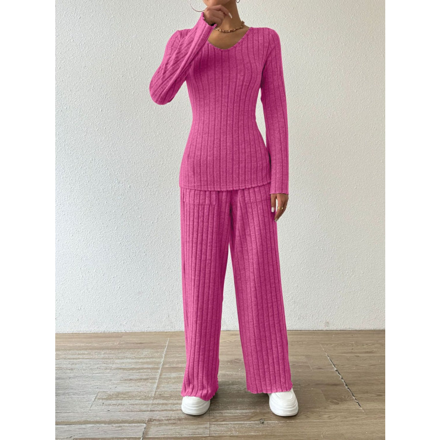 Ribbed V-Neck Long Sleeve Top and Pocketed Pants Set Apparel and Accessories