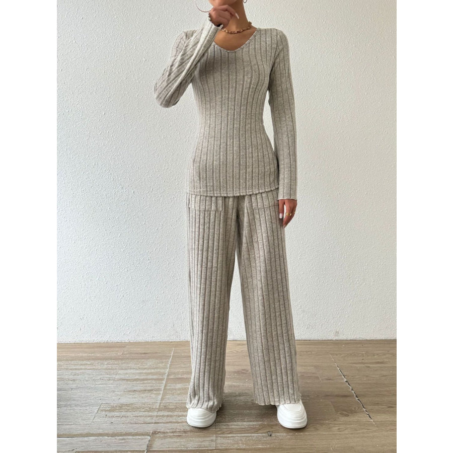 Ribbed V-Neck Long Sleeve Top and Pocketed Pants Set Apparel and Accessories