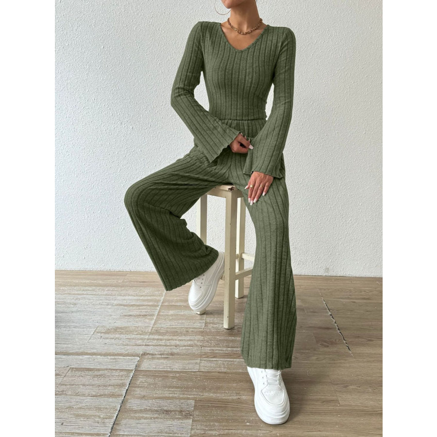 Ribbed V-Neck Long Sleeve Top and Pocketed Pants Set Apparel and Accessories