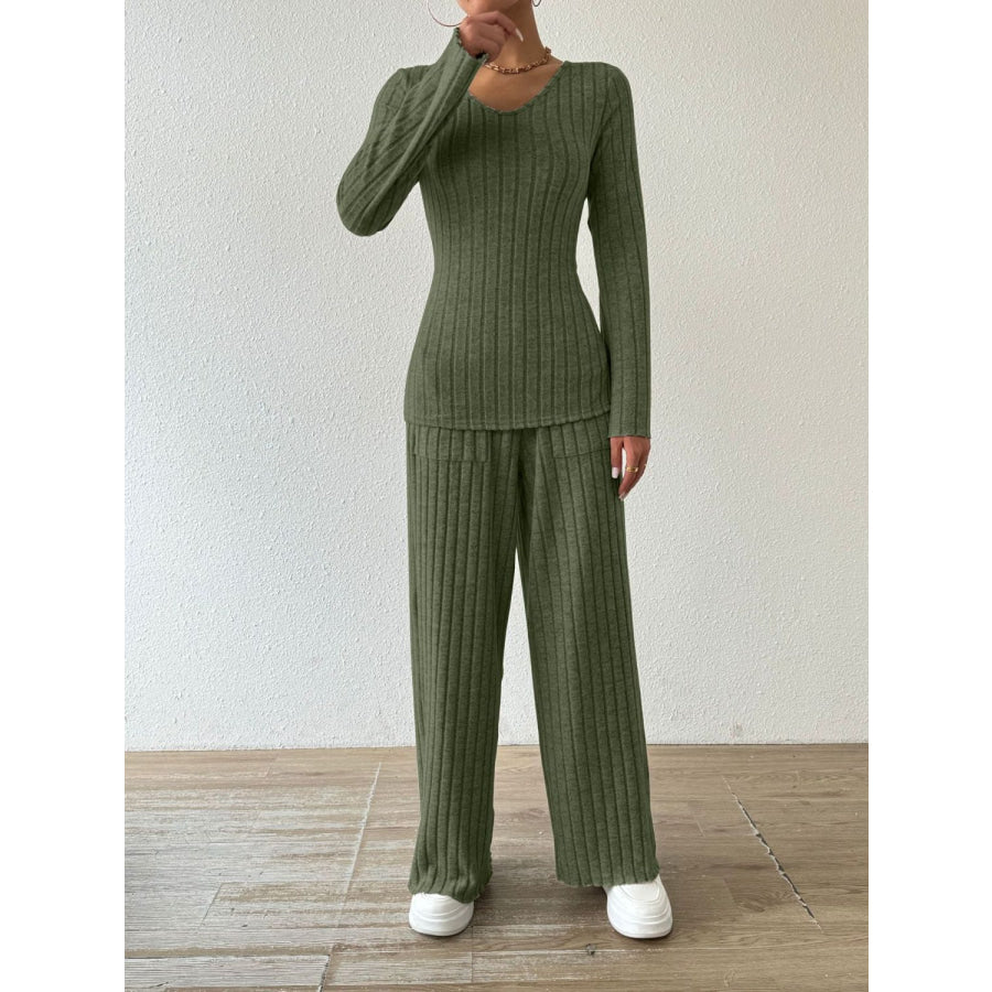 Ribbed V-Neck Long Sleeve Top and Pocketed Pants Set Apparel and Accessories