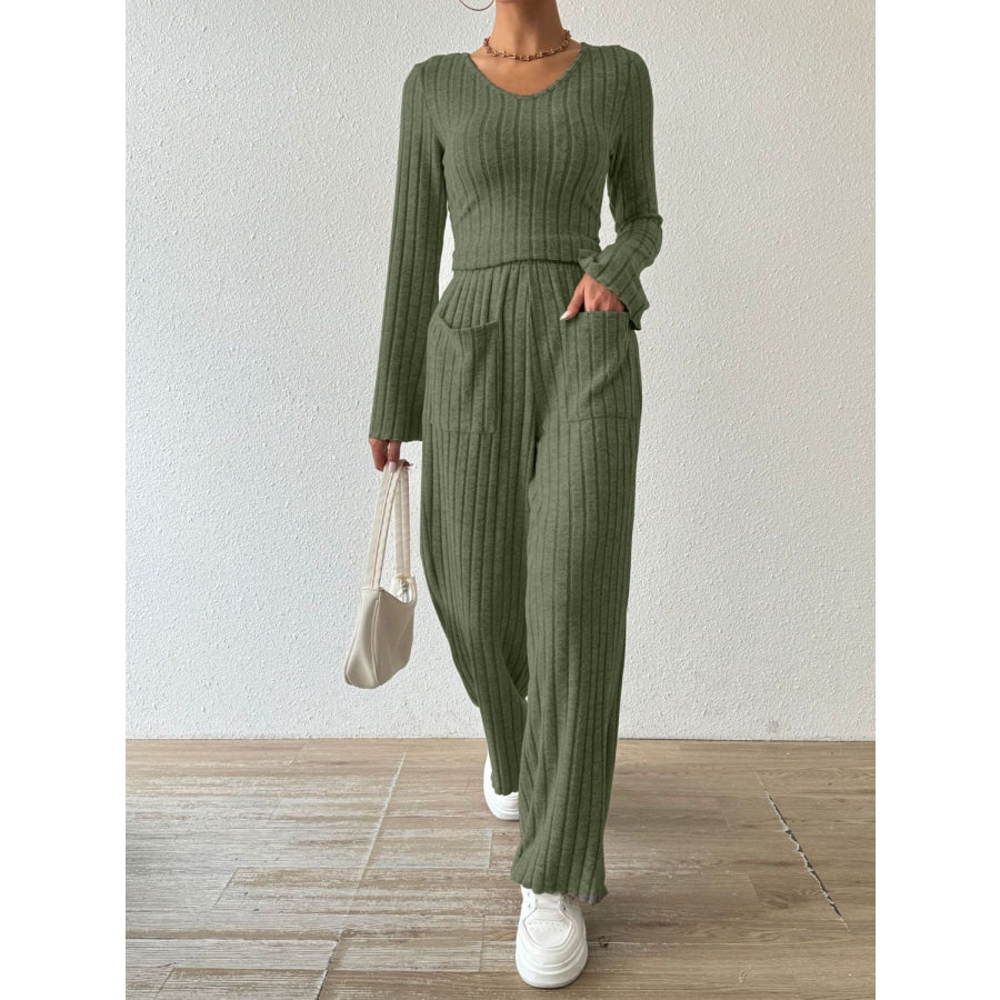 Ribbed V-Neck Long Sleeve Top and Pocketed Pants Set Apparel and Accessories