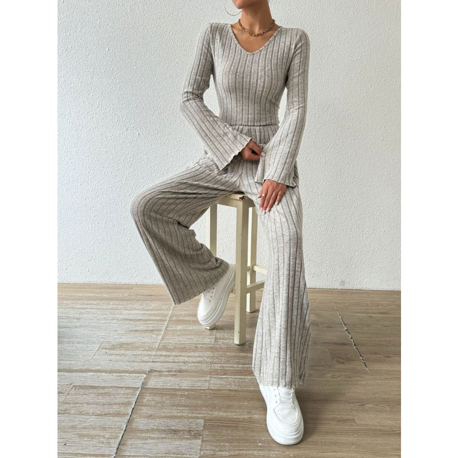 Ribbed V-Neck Long Sleeve Top and Pocketed Pants Set Apparel and Accessories