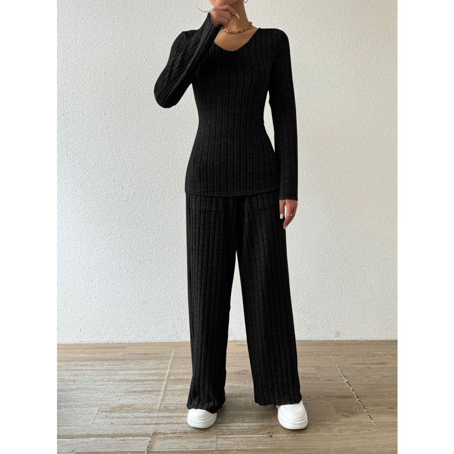 Ribbed V-Neck Long Sleeve Top and Pocketed Pants Set Apparel and Accessories