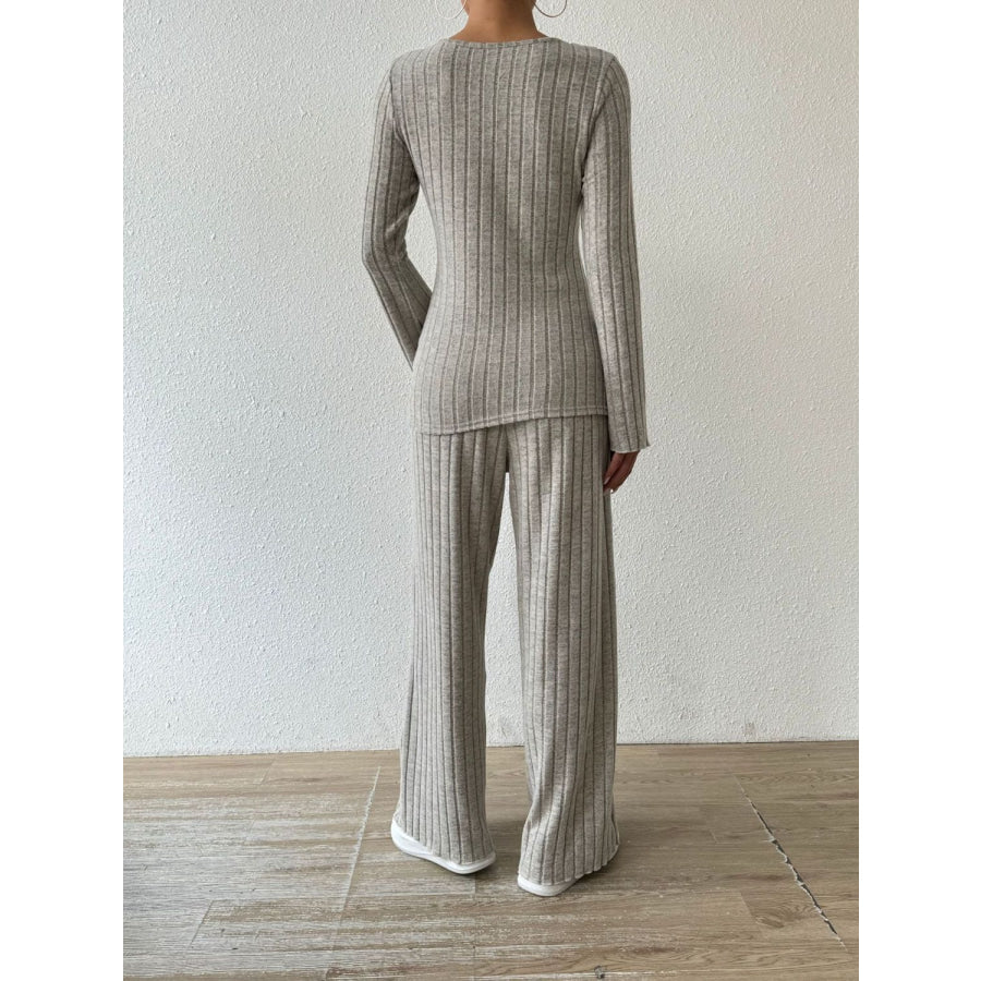 Ribbed V-Neck Long Sleeve Top and Pocketed Pants Set Dust Storm / S Apparel and Accessories