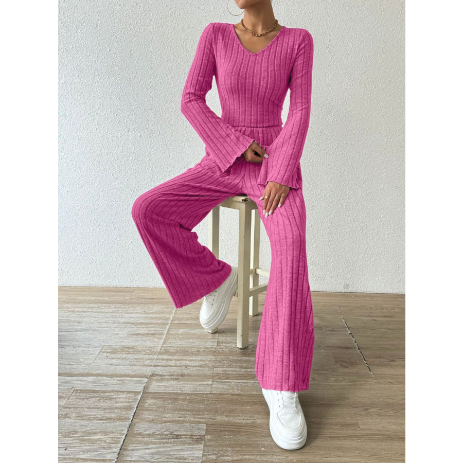 Ribbed V-Neck Long Sleeve Top and Pocketed Pants Set Apparel and Accessories