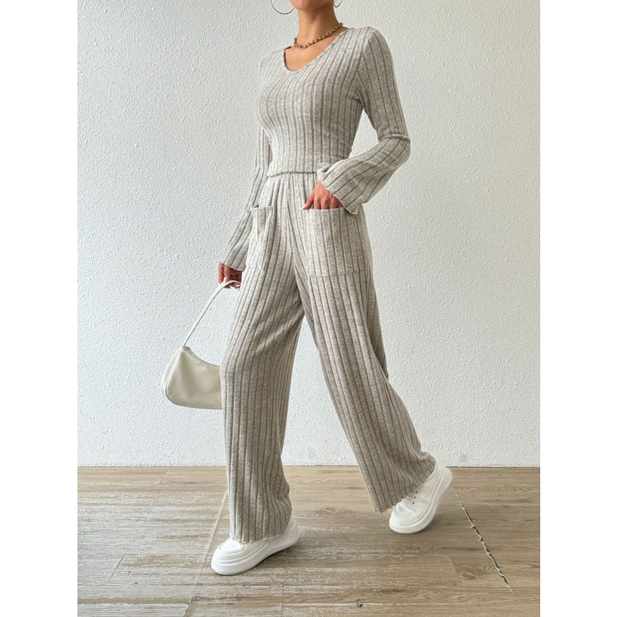 Ribbed V-Neck Long Sleeve Top and Pocketed Pants Set Apparel and Accessories