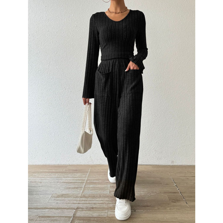 Ribbed V-Neck Long Sleeve Top and Pocketed Pants Set Black / S Apparel and Accessories