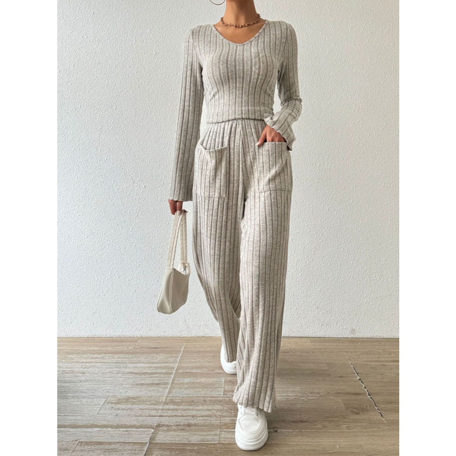 Ribbed V-Neck Long Sleeve Top and Pocketed Pants Set Dust Storm / S Apparel and Accessories