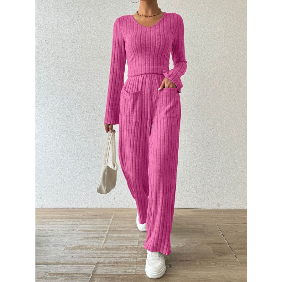 Ribbed V-Neck Long Sleeve Top and Pocketed Pants Set Hot Pink / S Apparel and Accessories