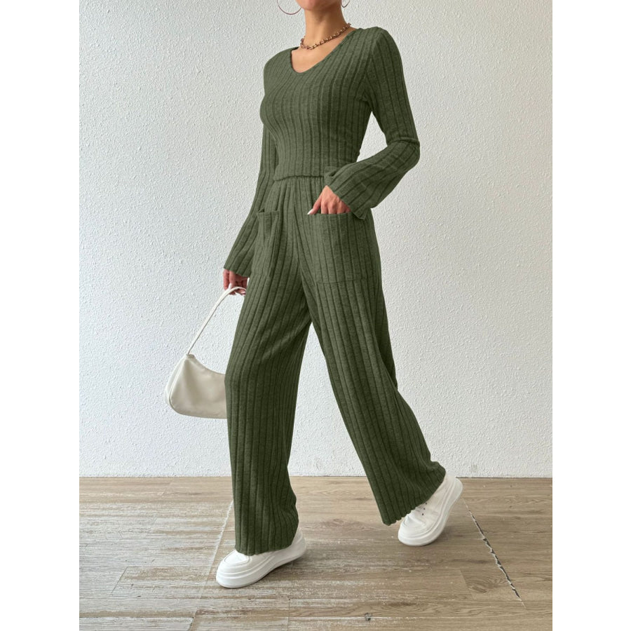 Ribbed V-Neck Long Sleeve Top and Pocketed Pants Set Moss / S Apparel and Accessories