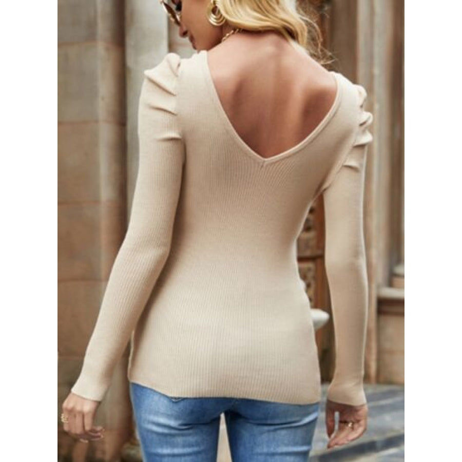 Ribbed V-Neck Puff Sleeve Sweater Clothing