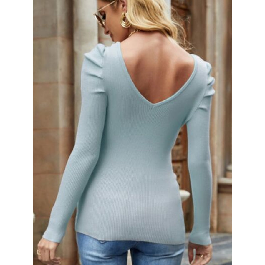 Ribbed V-Neck Puff Sleeve Sweater Clothing