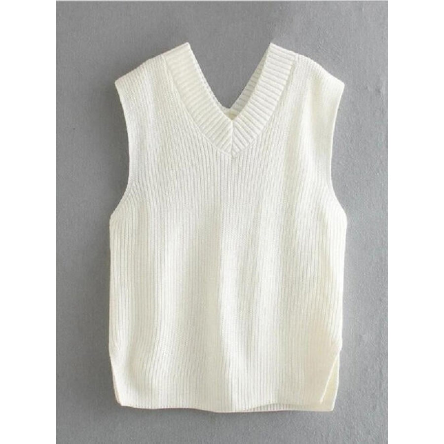 Ribbed V-Neck Sleeveless Sweater Vest Clothing