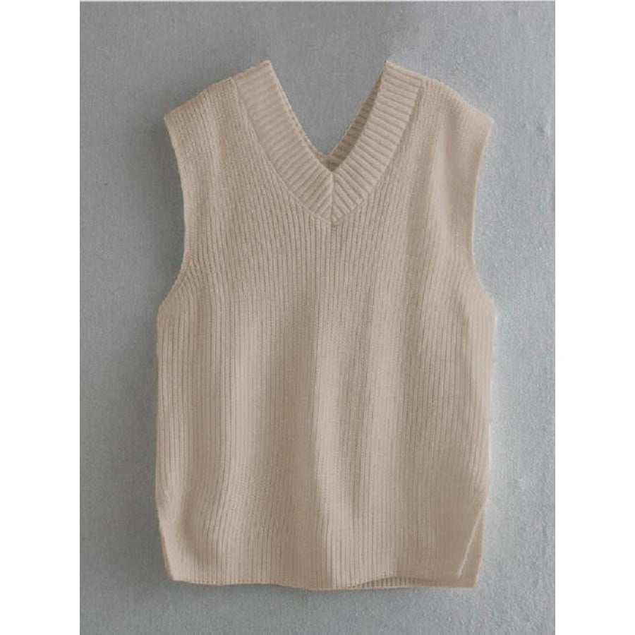 Ribbed V-Neck Sleeveless Sweater Vest Clothing