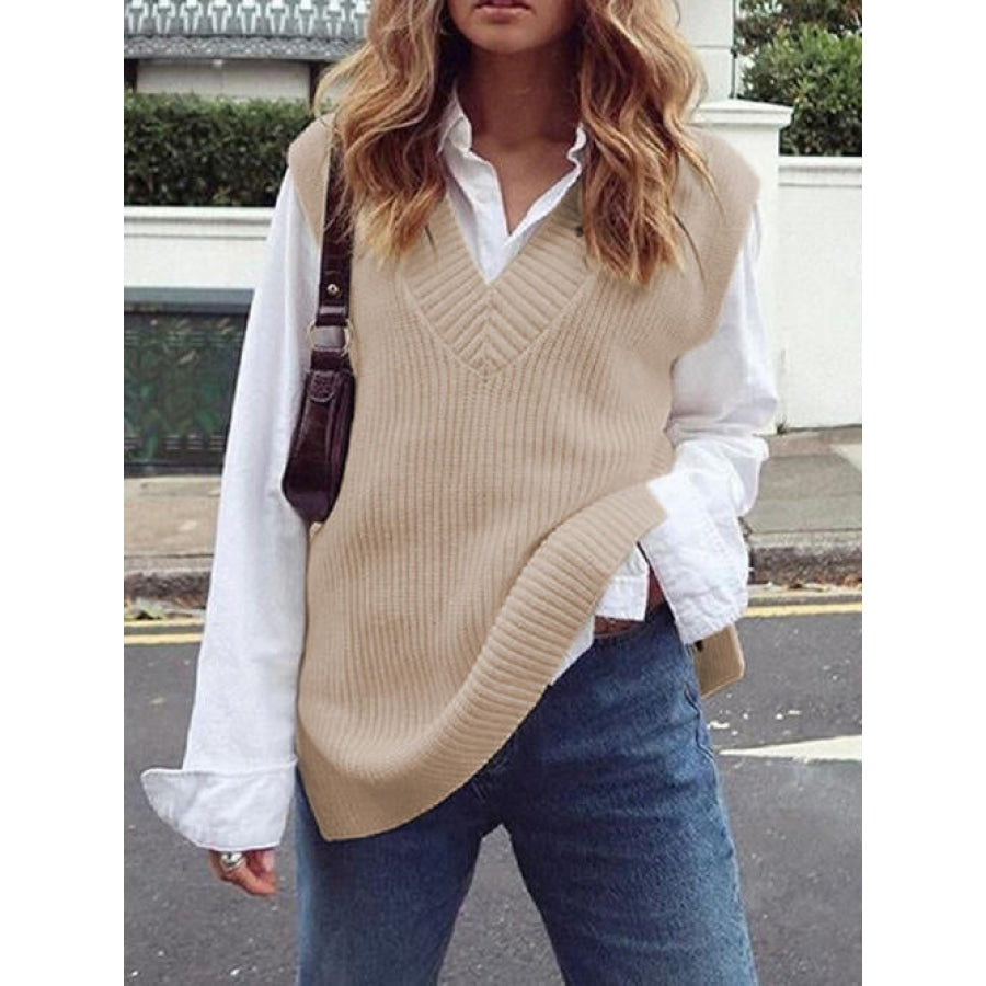 Ribbed V-Neck Sleeveless Sweater Vest Cream / S Clothing