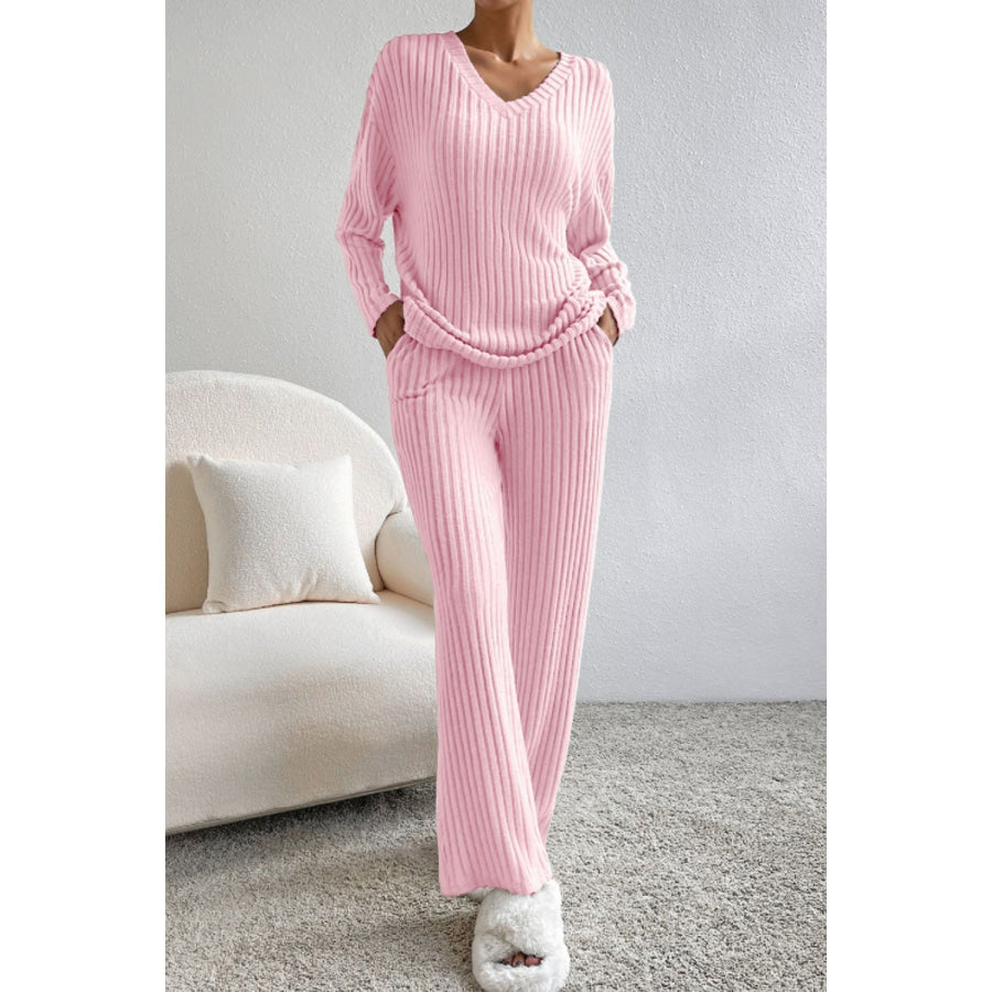 Ribbed V-Neck Top and Pants Lounge Set Apparel and Accessories