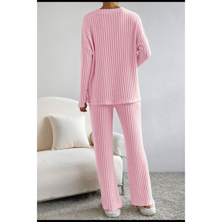 Ribbed V-Neck Top and Pants Lounge Set Apparel and Accessories