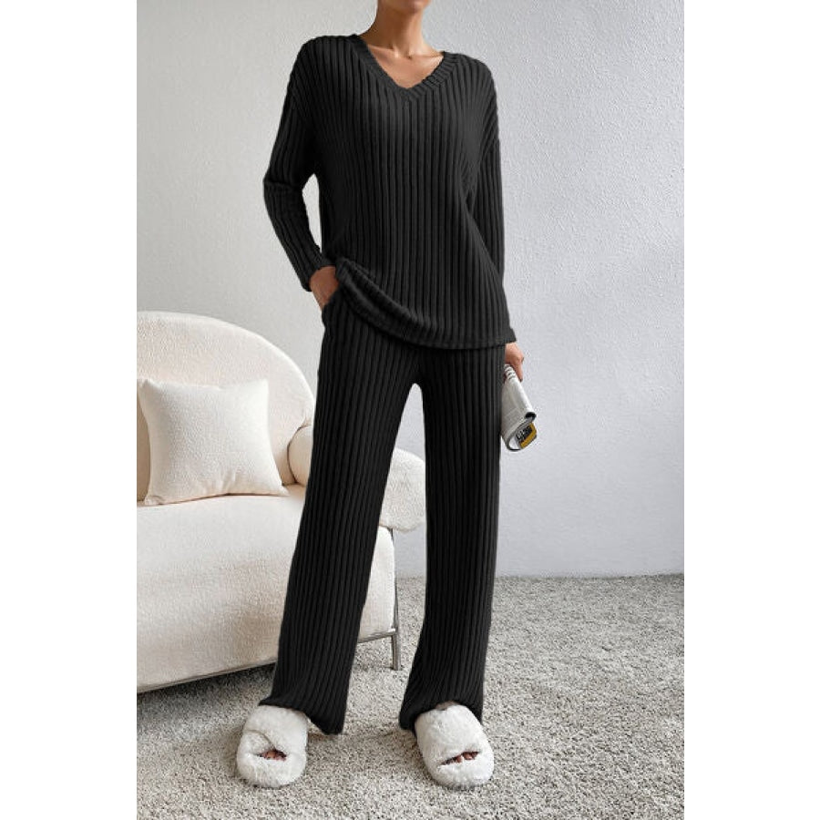 Ribbed V-Neck Top and Pants Lounge Set Black / S Clothing