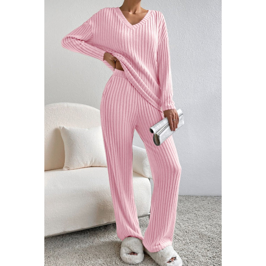 Ribbed V-Neck Top and Pants Lounge Set Blush Pink / S Apparel and Accessories