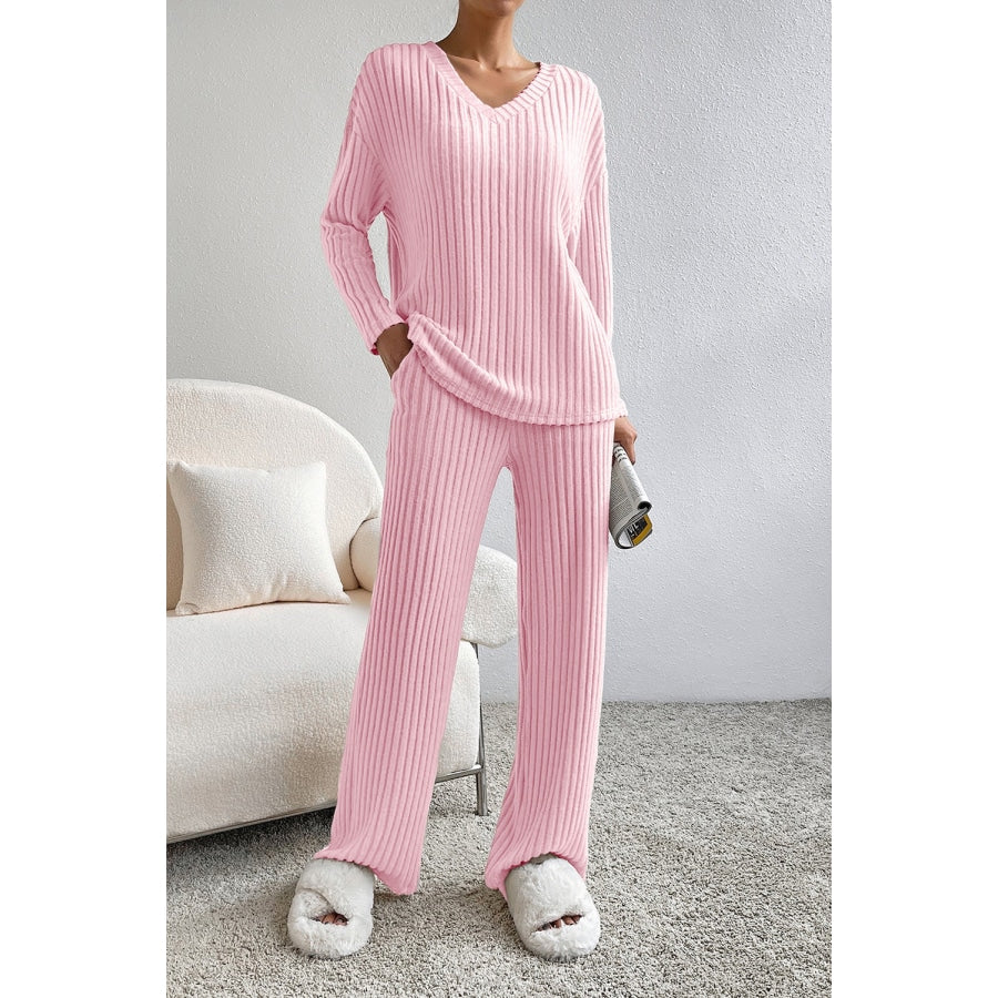 Ribbed V-Neck Top and Pants Lounge Set Carnation Pink / L Clothing