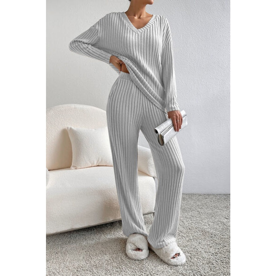 Ribbed V-Neck Top and Pants Lounge Set Clothing