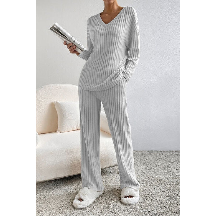 Ribbed V-Neck Top and Pants Lounge Set Clothing