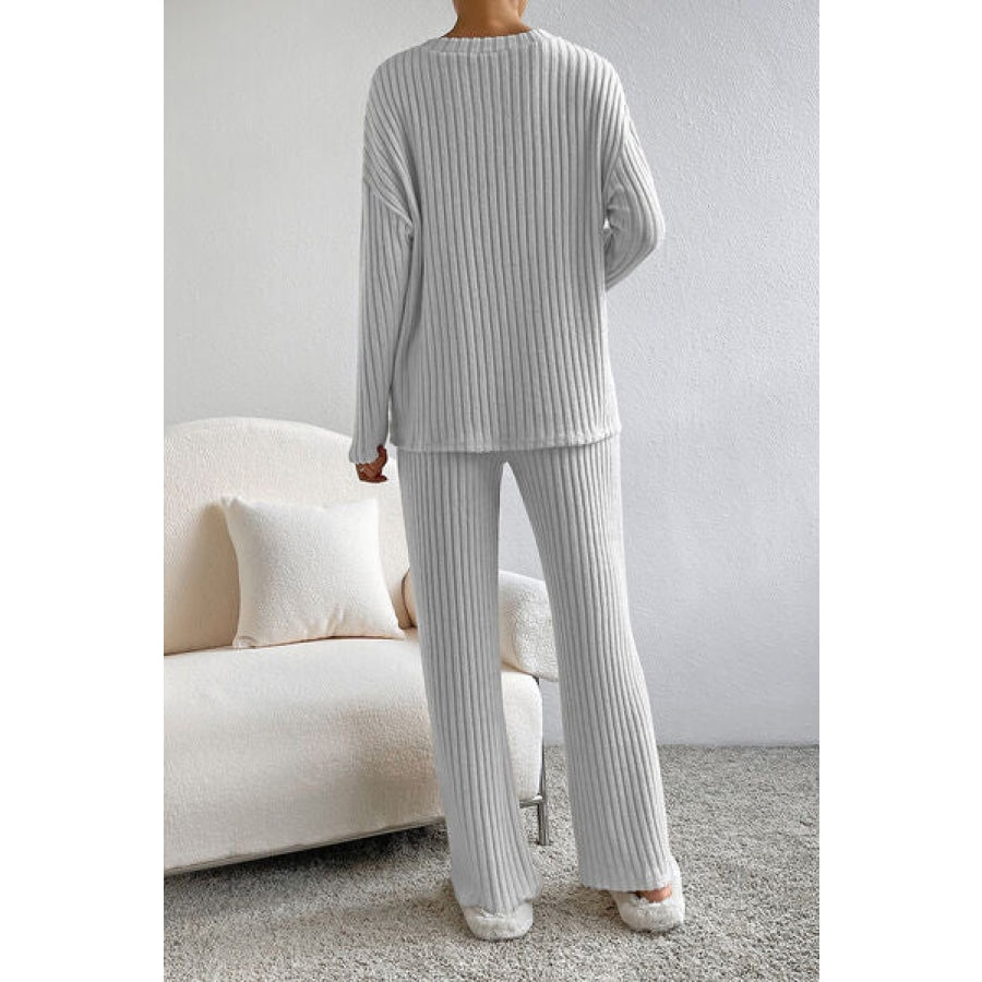 Ribbed V-Neck Top and Pants Lounge Set Clothing