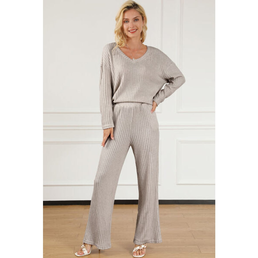 Ribbed V-Neck Top and Pants Lounge Set Clothing