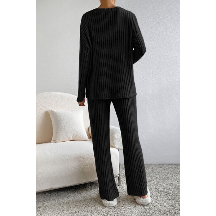 Ribbed V-Neck Top and Pants Lounge Set Clothing