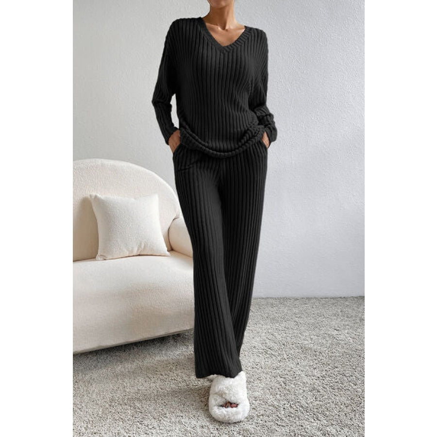 Ribbed V-Neck Top and Pants Lounge Set Clothing